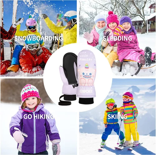 Vista 5 de COPOZZ Guantes de esquí para niños, 3M Thinsulate con aislamiento térmico para niños, guantes de nieve resistentes al viento y cálidos guantes