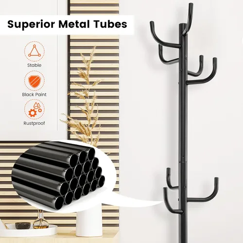 Vista 8 de Tangkula Perchero independiente, árbol de metal resistente con 8 ganchos, soporte para colgar abrigos con base ampliada de 13 pulgadas, árbol