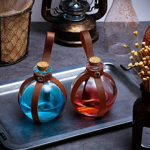 Vista 5 de Patelai 2 botellas de poción de vidrio de Halloween con cinturón, corcho, accesorios de disfraz de bruja renacentista, botella de poción para Marrón