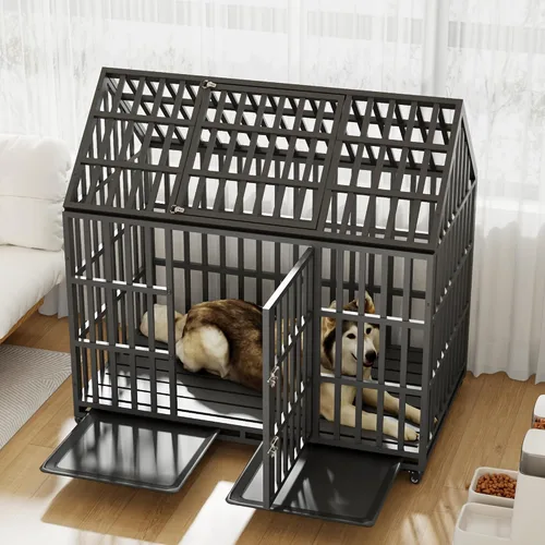 Vista 10 de Jaula plegable indestructible para perros con ruedas, jaula de metal resistente a prueba de escapes de 48 pulgadas para perros grandes y medianos