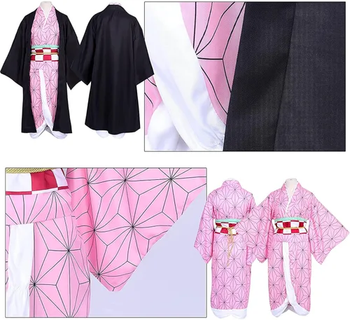 Vista 6 de Nezuko - Disfraz completo de cosplay con peluca de bambú capa de bambú para Navidad, día de Acción de Gracias, uniforme para niñas y mujeres
