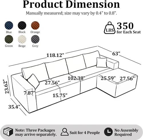 Vista 2 de Sofá modular en forma de L de 118 pulgadas, moderno sofá modular de pana de espuma viscoelástica de 4 plazas con otomana, asiento profundo tapizado