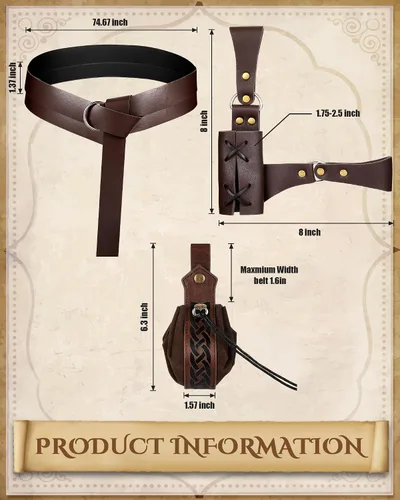 Vista 6 de Panitay Juego de 8 piezas de disfraz renacentista medieval para hombre, camisa vikinga, pantalón, cinturón, cabo, bolsa de espada
