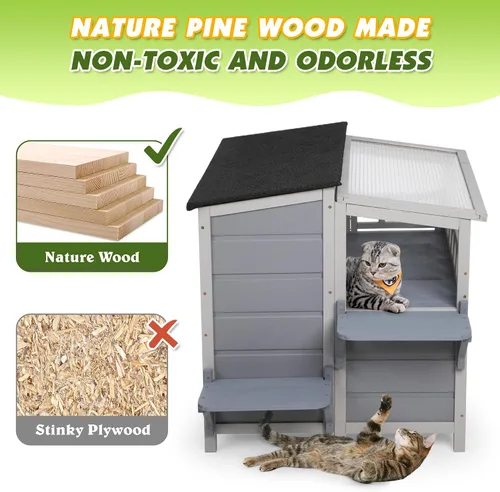 Vista 4 de Refugio para gatos de madera cálida de 2 niveles con techo de luz solar, casa para gatos al aire libre, balcón, plataformas de salto, recinto