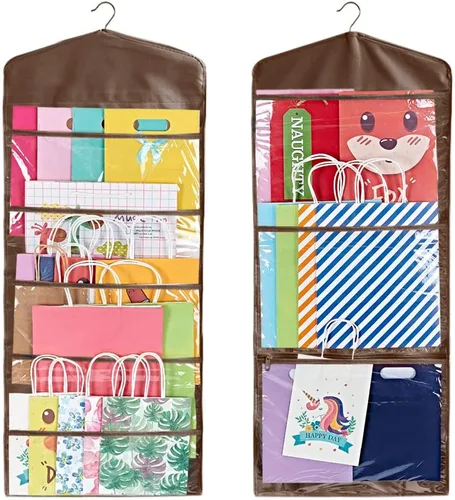 Vista 11 de ProPik Organizador de almacenamiento colgante de doble cara para bolsas de regalo con múltiples bolsillos delanteros y traseros, organiza tu papel