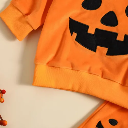 Vista 3 de Conjunto de 2 piezas de sudadera de calabaza de manga larga para bebé niño y niña, ropa de otoño e invierno