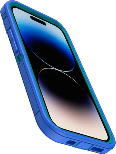 Vista 4 de OtterBox Funda para iPhone 14 Pro (solamente) de la serie Defender - RAIN Check (azul), resistente y duradera, con protección de puerto, incluye