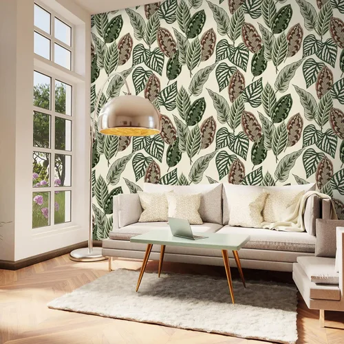 Vista 5 de VaryStyle Papel tapiz de hojas de palma tropicales de 17.7 x 118 pulgadas, color verde/beige, hojas de palmera botánicas, despegar y pegar, papel