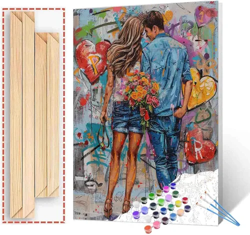 Vista 10 de Kits de pintura romántica por números para parejas con pinceles y pigmento acrílico sobre lienzo para adultos, niños y niñas bajo un paraguas