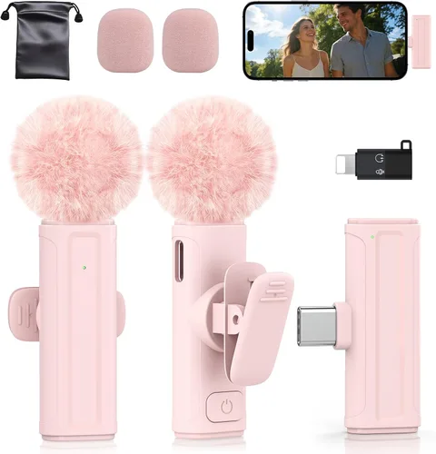 Vista 10 de Mini micrófono inalámbrico para iPhone, iPad, Android, paquete de 2 micrófonos Lavalier con clip giratorio de 360°, micrófono USB-C con reducción