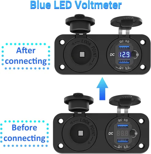 Vista 4 de Qidoe - Enchufe para encendedor de cigarrillos de 12 V, enchufe de cargador USB QC3.0 dual de aluminio de 40 W con interruptor voltímetro LED