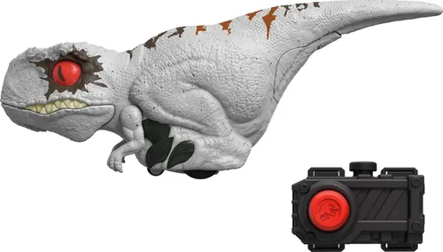 Vista 9 de Mattel Jurassic World Dominion - Juguete de dinosaurio sin jaula con movimiento y sonido controlados por clicker, figura de acción de dinosaurio rojo