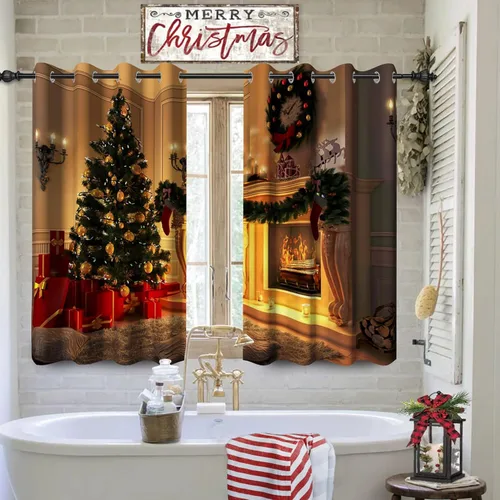 Vista 10 de Cortinas con adornos de Navidad impresos, cortinas para ventana de chimenea, calcetines de Navidad, árboles de Navidad, regalos, paneles opacos