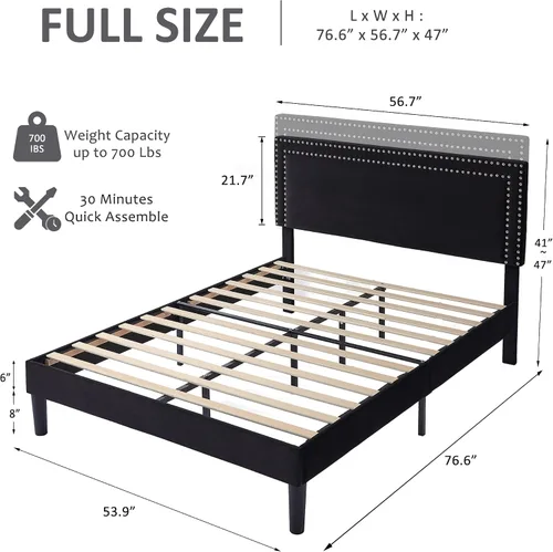 Vista 2 de Marco de cama de plataforma tamaño completo con cabecera tapizada ajustable, base de colchón moderna, soporte fuerte de listones de madera,