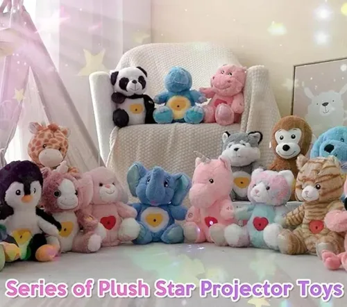 Vista 6 de Unicornio de peluche rosa con proyector de estrellas, musical, con volumen ajustable, luz nocturna, animales de peluche brillantes, juguetes