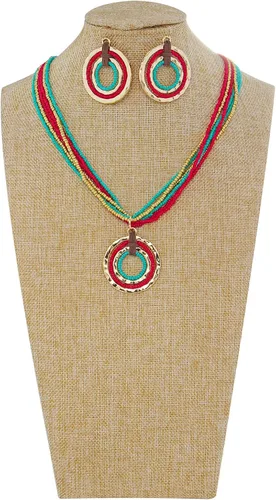 Vista 2 de Collar de cuentas de semillas de varias hebras con colgante de círculo, babero grueso, collar de racimo para mujer