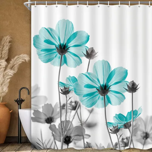 Vista 51 de MERCHR Cortina única floral azul para decoración de baño, cortina de ducha estilo granja con flores de margarita azul y gris elegantes y diseño