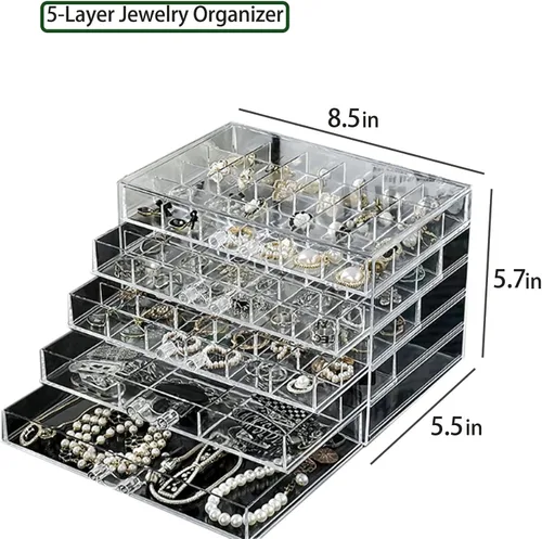 Vista 2 de GOLBD Joyero de acrílico, caja de almacenamiento para aretes, 5 capas120 compartimentos, cajón de compartimentos, estante de almacenamiento
