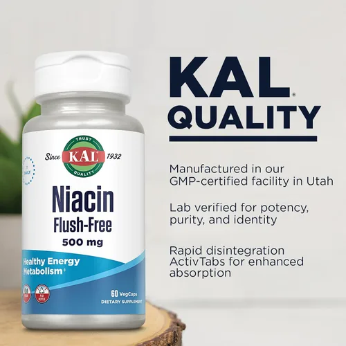 Vista 4 de KAL Niacin 500mg Flush Free - Suplemento de vitamina B3 - Metabolismo y apoyo energético - Apoyo a la piel, nervios, salud digestiva y circulación