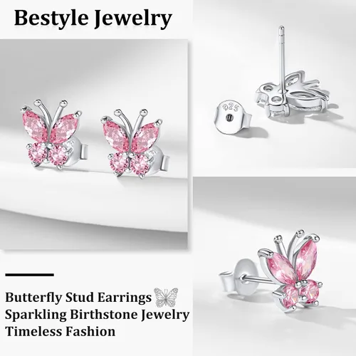 Vista 5 de Bestyle Collar con dije de mariposa con piedra natal de plata para mujeres, delicado y lindo regalo de joyería de mariposa para mujeres