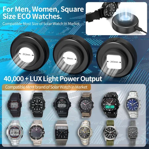 Vista 4 de Cargador de reloj solar, temporizador de apagado de 8H con hombres, mujeres y 3 tapas cuadradas, luz UV LED, carga rápida, relojes Eco Drive