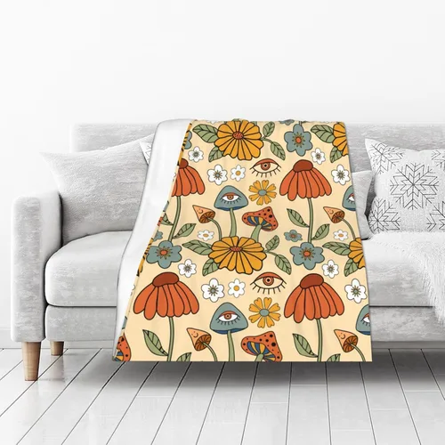 Vista 4 de Manta de hongos florales retro de los años 70, mantas suaves de franela para cama, acogedora y ligera, regalos de felpa para mujeres, hombres