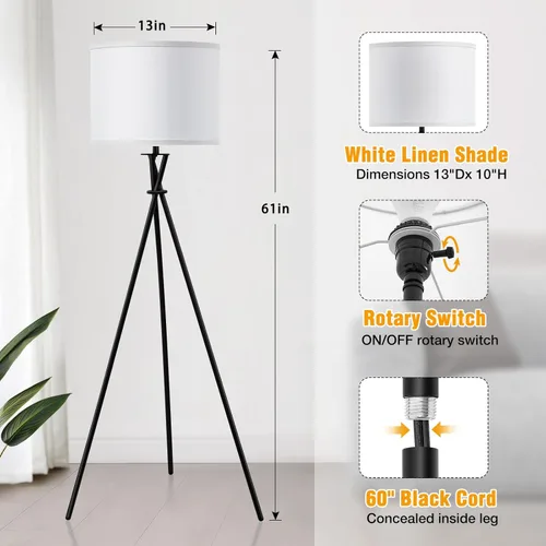 Vista 2 de Lámpara de pie para sala de estar, 61 pulgadas, moderna lámpara de pie trípode con pantalla blanca e interruptor giratorio, lámpara de pie negra