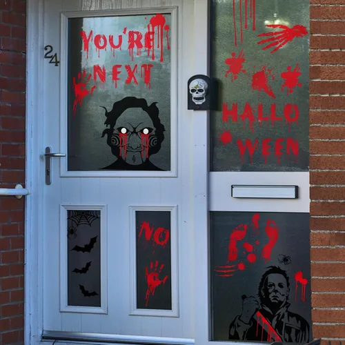 Vista 4 de Calcomanías para ventana de Halloween, calcomanías de personajes de película de terror, calcomanías grandes reutilizables para ventana, decoración