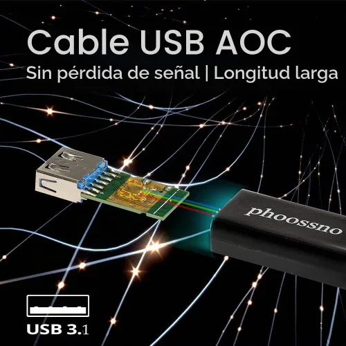 Vista 3 de Cable de extensión USB A a C de fibra óptica USB 3.2 Gen2 10Gbps 10M 33 pies en ángulo recto compatible con Microsoft Azure Logitech Aver Vaddio