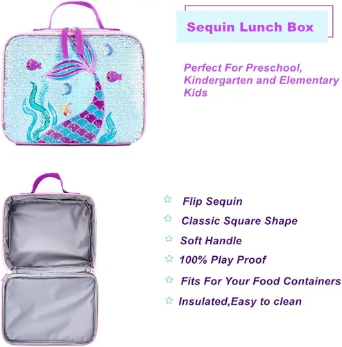 Vista 6 de Mochila escolar de lentejuelas ligera para niños pequeños con bolsa de almuerzo para preescolar jardín de infantes y primaria, Sirena con bolsa