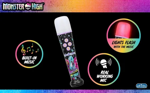 Vista 2 de eKids Monster High - Micrófono de karaoke para niños, micrófono Bluetooth que incluye música integrada y espectáculo de luces, diseñado