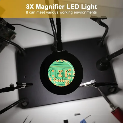 Vista 4 de Helping Hands - Soporte magnético para placa de circuito de soldadura, herramientas de tercera mano con lámpara de aumento LED 3X, soporte