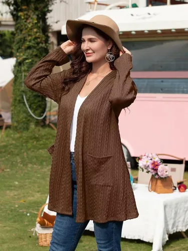Vista 5 de BELAROI Cárdigan de punto trenzado con frente abierto para mujer, talla grande, manga larga, holgado, abrigo de otoño con bolsillos