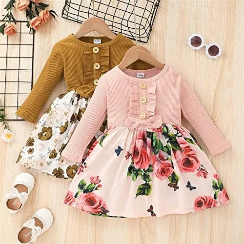 Vista 7 de PATPAT - Vestido de manga larga con estampado de flora para niña pequeña, otoño e invierno