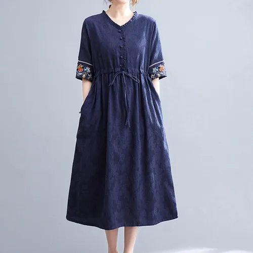 Vista 4 de QIGUANDZ Vestido de lino de algodón casual de jacquard floral para mujer, vestido elegante con bordado de manga corta con cordones y cintura definida