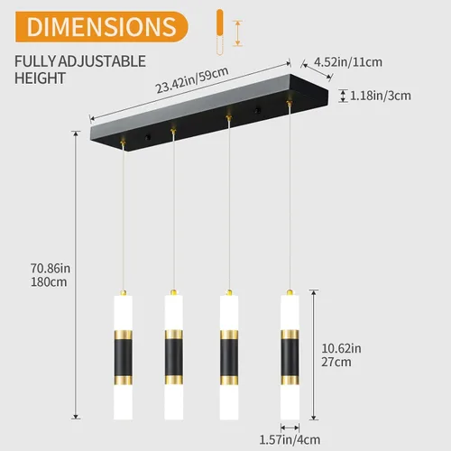 Vista 6 de Lámpara colgante moderna de 4 luces para isla de cocina, regulable, LED, negro, mini luces colgantes, comedor, cocina, color negro y dorado