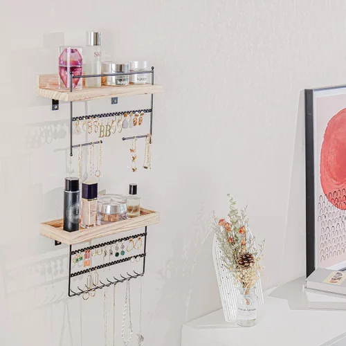 Vista 2 de Lolalet Organizador de joyas colgante con montaje en pared con ganchos para aretes, pulseras y collares - Instalación fácil, soporte de joyería