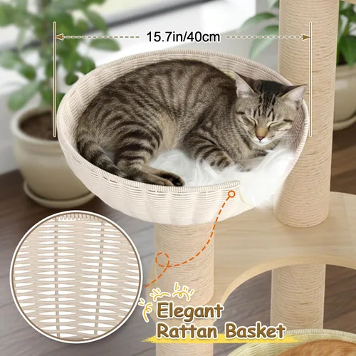 Vista 8 de Tinnmao Torre de árbol de madera maciza para gatos grandes, árbol de madera para gatos de 53 pulgadas con poste rascador cubierto de sisal natural