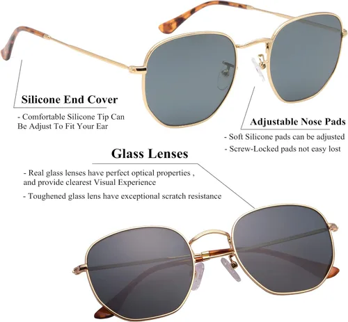 Vista 3 de Gafas de sol hexagonales con lente de vidrio retro para hombres y mujeres marco de metal cuadrado vintage con lentes planas 2126in tamaño grande