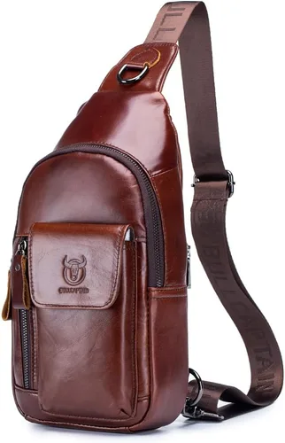 Vista 15 de Vintage Leather Sling Bag Backpack for Men Crossbody Shoulder Chest Day Pack Backpacks #10Marrón