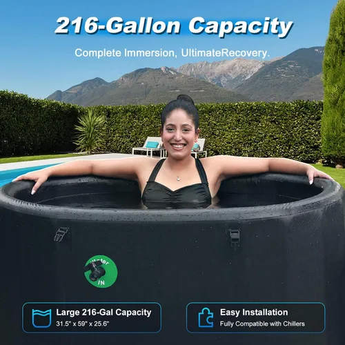 Vista 3 de Bañera fría ovalada de 216 galones – Bañera de hielo inflable XXL con tapa aislada, compatible con enfriador de baño de hielo, bañera portátil