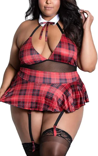 Vista 2 de EVELUST Conjunto de lencería para mujer de talla grande Sexy uniforme de juego de rol, a cuadros, transparente, con corbata, mini falda