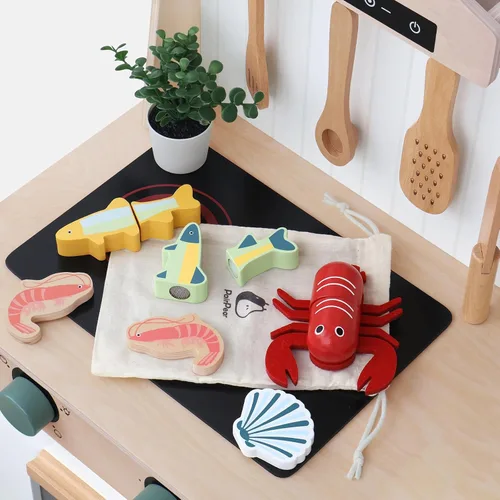 Vista 2 de PairPear Conjunto de Comida de Juguete de Madera para Cortar Mariscos - Comida de Juguete de Madera para Niños Pequeños Juego de Simulación