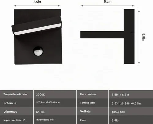 Vista 6 de Luz exterior con sensor de movimiento, luces LED de seguridad de 900 lúmenes, impermeables, con cabezal ajustable de 120°, iluminación de pared IP54