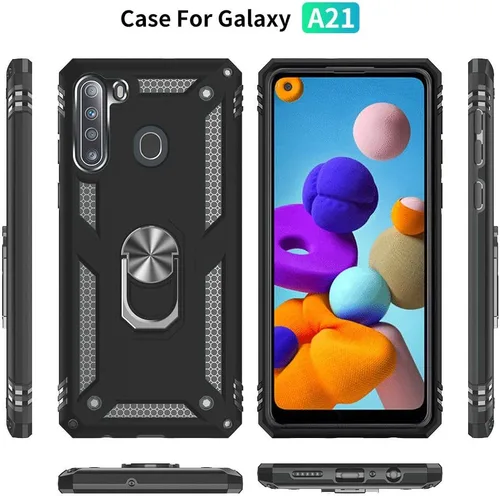 Vista 4 de Samsung A21 - Funda para teléfono Galaxy A21 con protector de pantalla, funda protectora de grado militar con anillo para Samsung Galaxy A21 (negro)