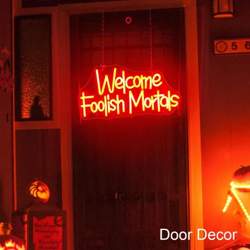 Vista 6 de Letrero de neón de Welcome Foolish Mortals, funciona con pilas, para fiesta de Halloween, puerta de casa embrujada, decoración de Halloween