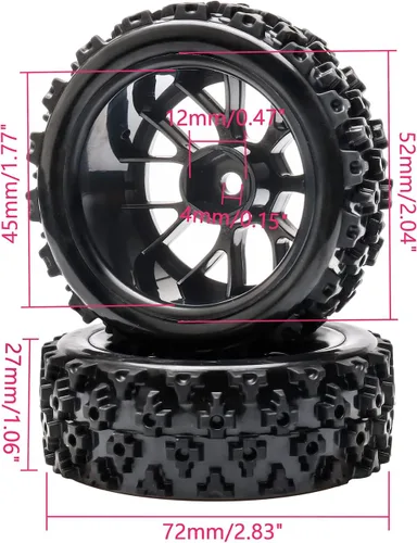 Vista 3 de Llantas de ruedas negras a escala 1:10, 4 unidades Split-type Tires, ABS Rims + Tires, 12mm Hex, Raised Tread Pattern, Shock Absorption