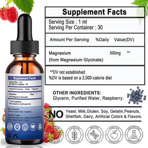 Vista 7 de Glicinato de magnesio puro Suplemento de magnesio líquido de 500 mg para sueño, nervios, huesos y salud cardíaca Gotas líquidas veganas
