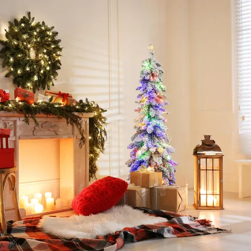 Vista 9 de GOFLAME Árbol de Navidad artificial preiluminado de 4 pies, árbol de Navidad delgado con nieve en forma de lápiz con luces LED multicolor y blanco