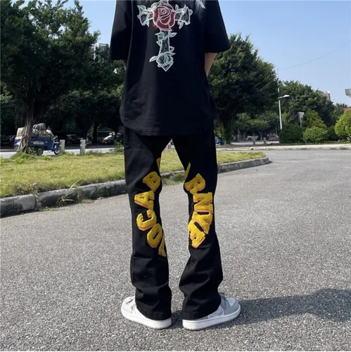 Vista 2 de Pantalones de mezclilla para hombre con estampado callejero, sueltos, estilo hip hop, rectos, vintage, holgados, pantalones largos, ropa de calle